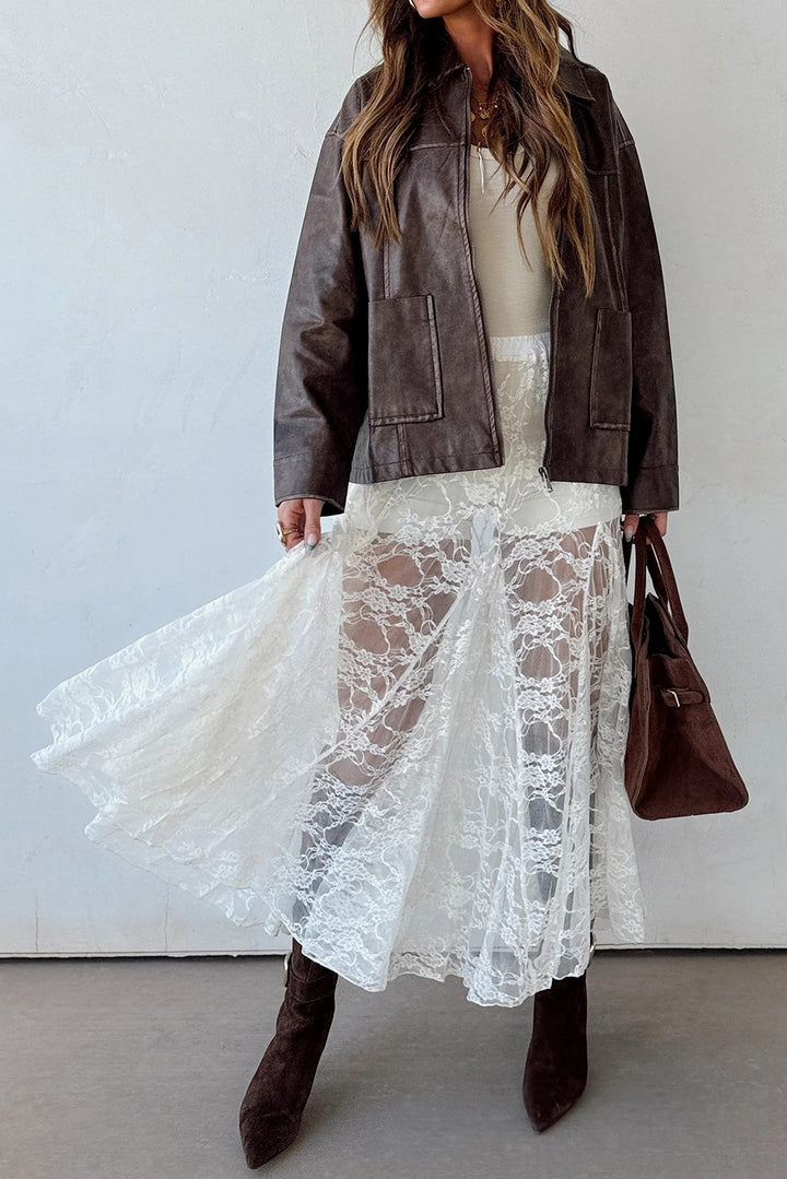 Chic White Sheer Floral Lace Flowy Maxi Skirt