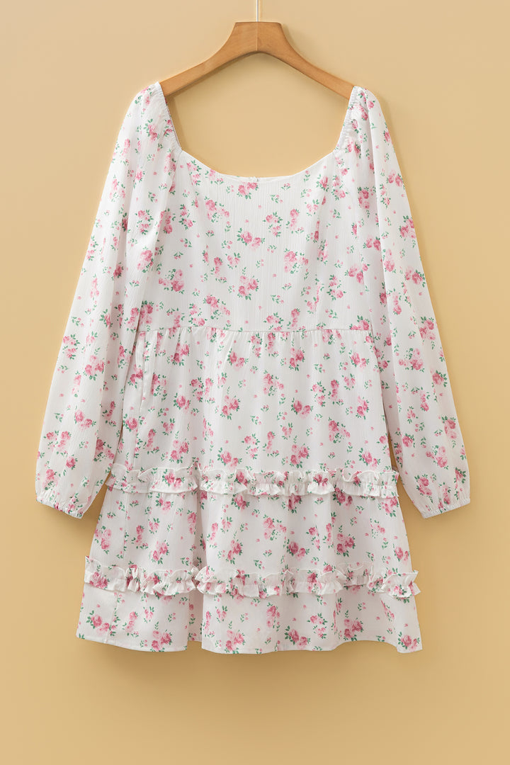 Floral Print Long Sleeve Ruffle Detail Flared Mini Dress