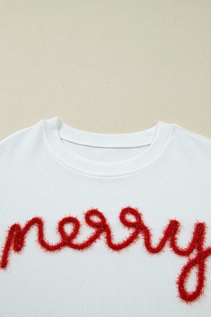 Merry Tinsel Letter Embroidery Ribbed Drop Shoulder Sweatshirt