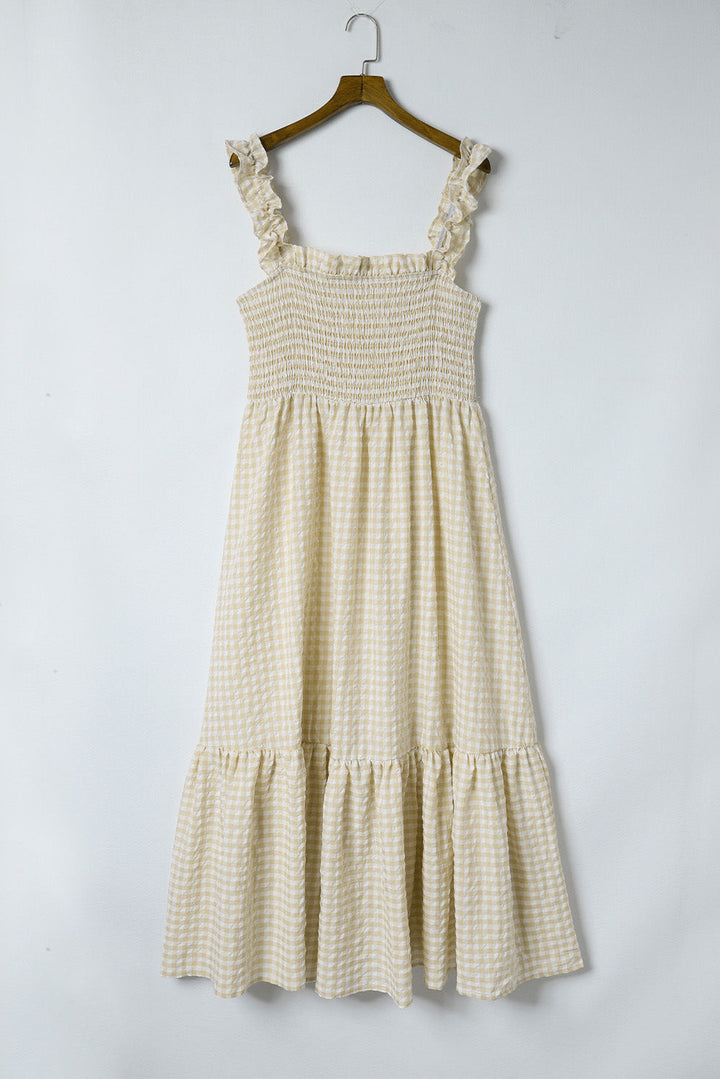 Plaid Ruffled Sleeve Smocked Maxi Dress