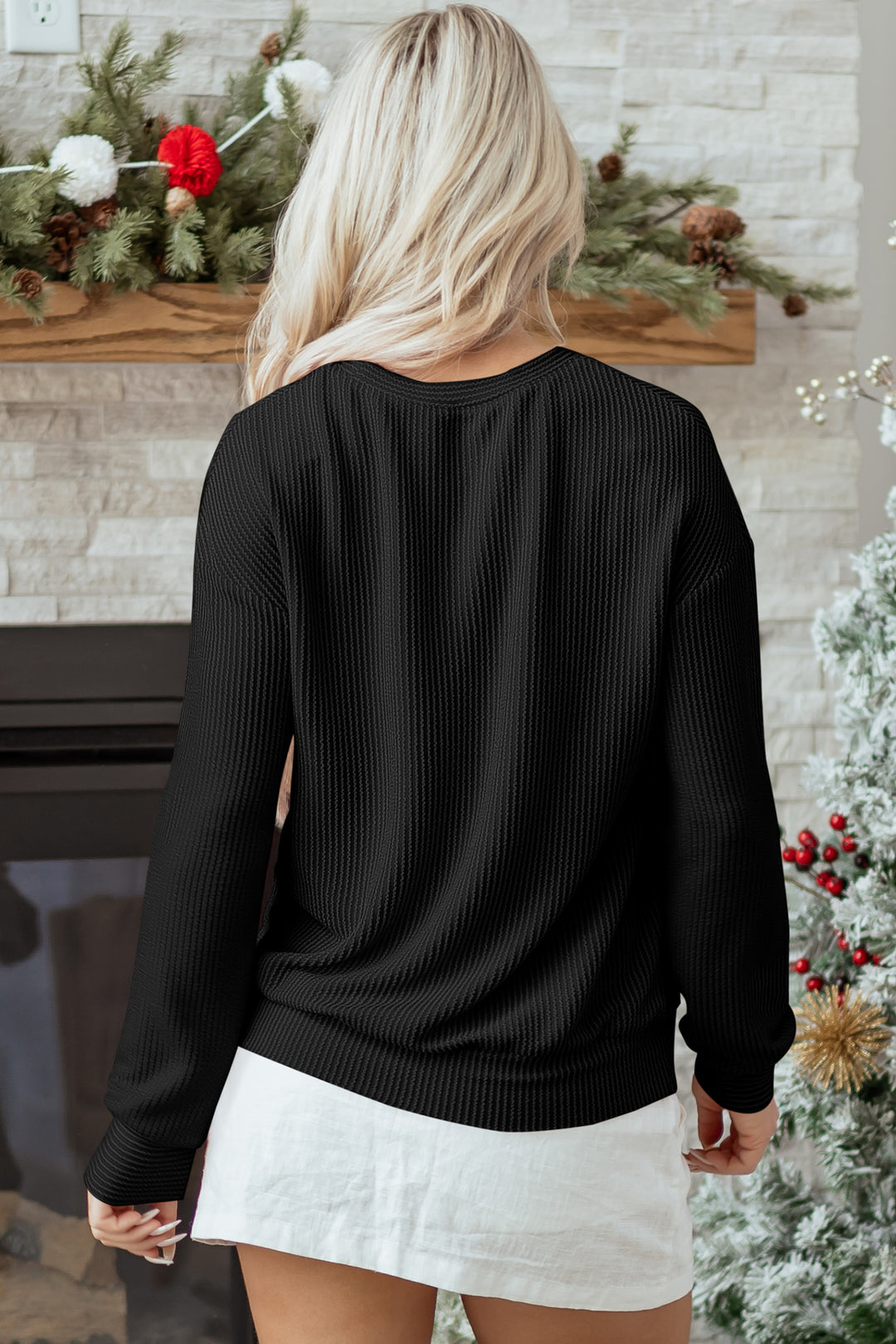 Black Twisted Rib Outlined Merry Letter Graphic Loose Long Sleeve Top