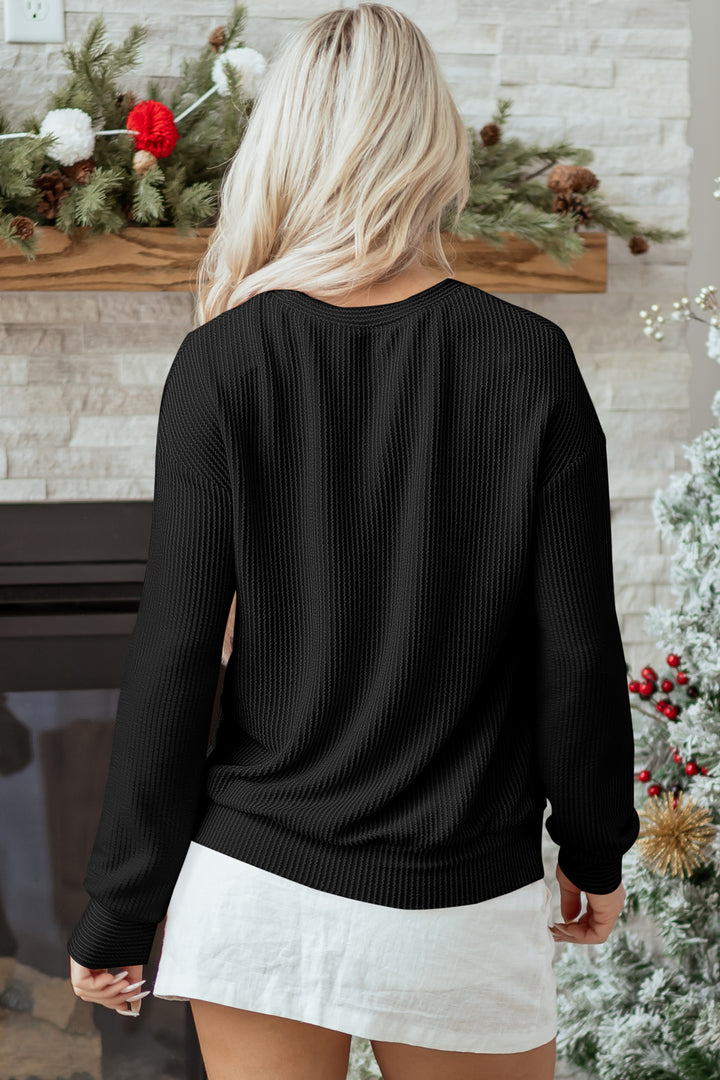 Black Twisted Rib Outlined Merry Letter Graphic Loose Long Sleeve Top