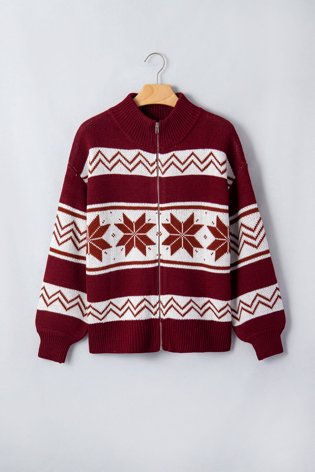 Red Geometric Pattern Zip-Up Knit Regular Fit Cardigan