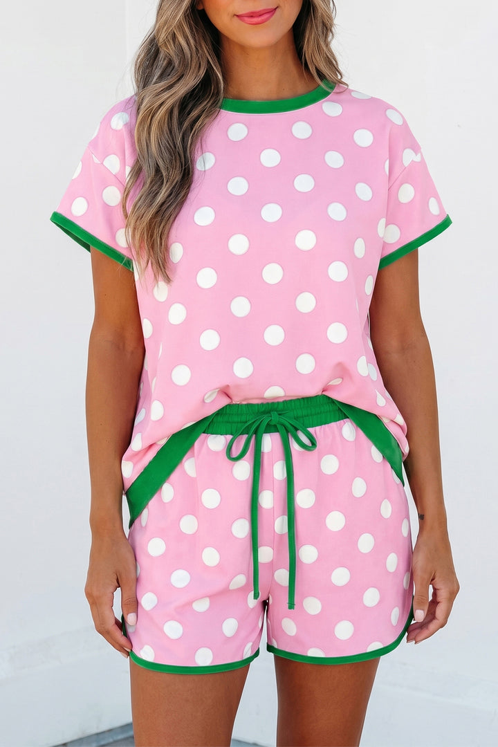 Pink Polka Dot Contrast Edge Casual Short Set