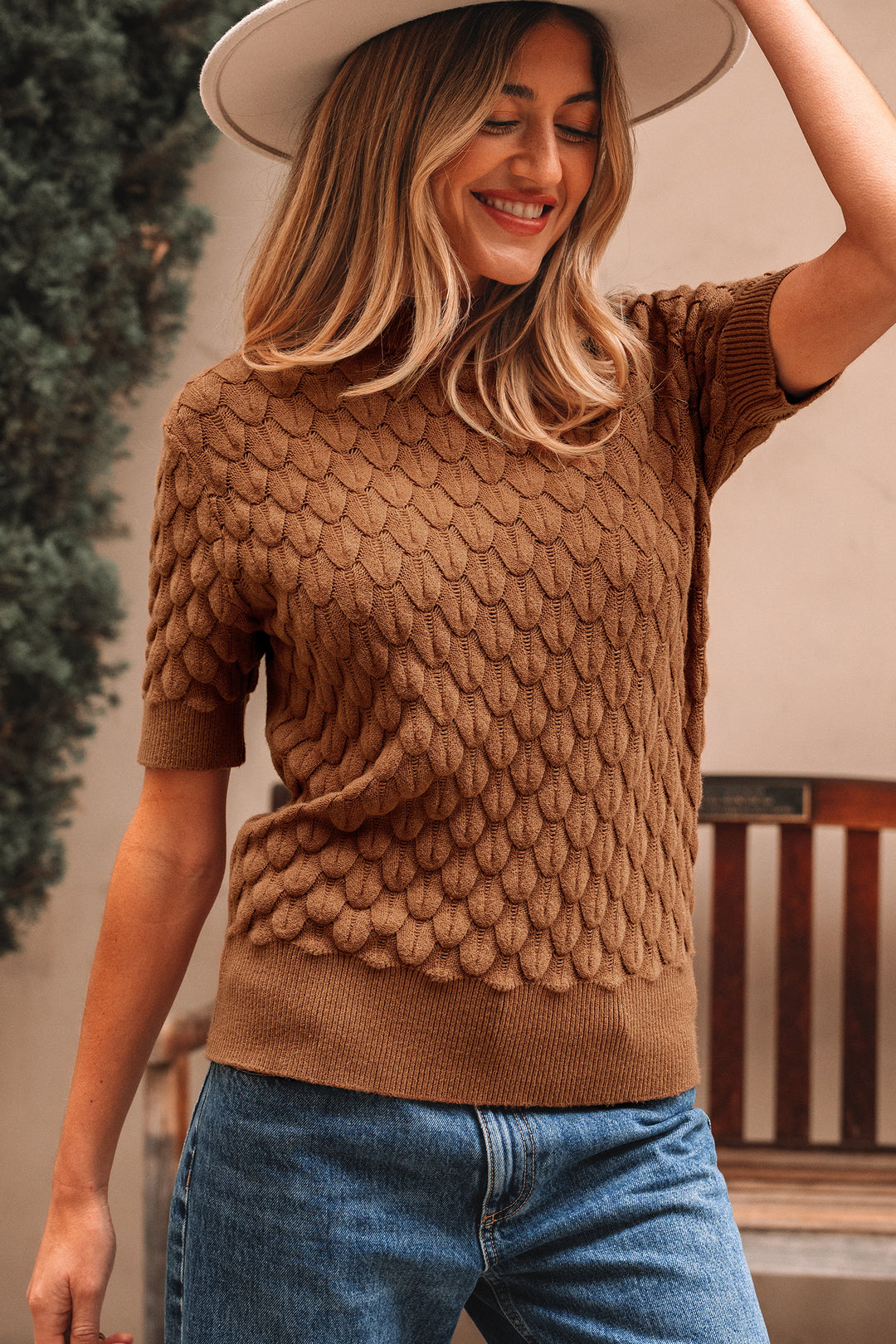 Fish Scale Textured Knit Ribbed Crew Neck Short Sleeve Sweater