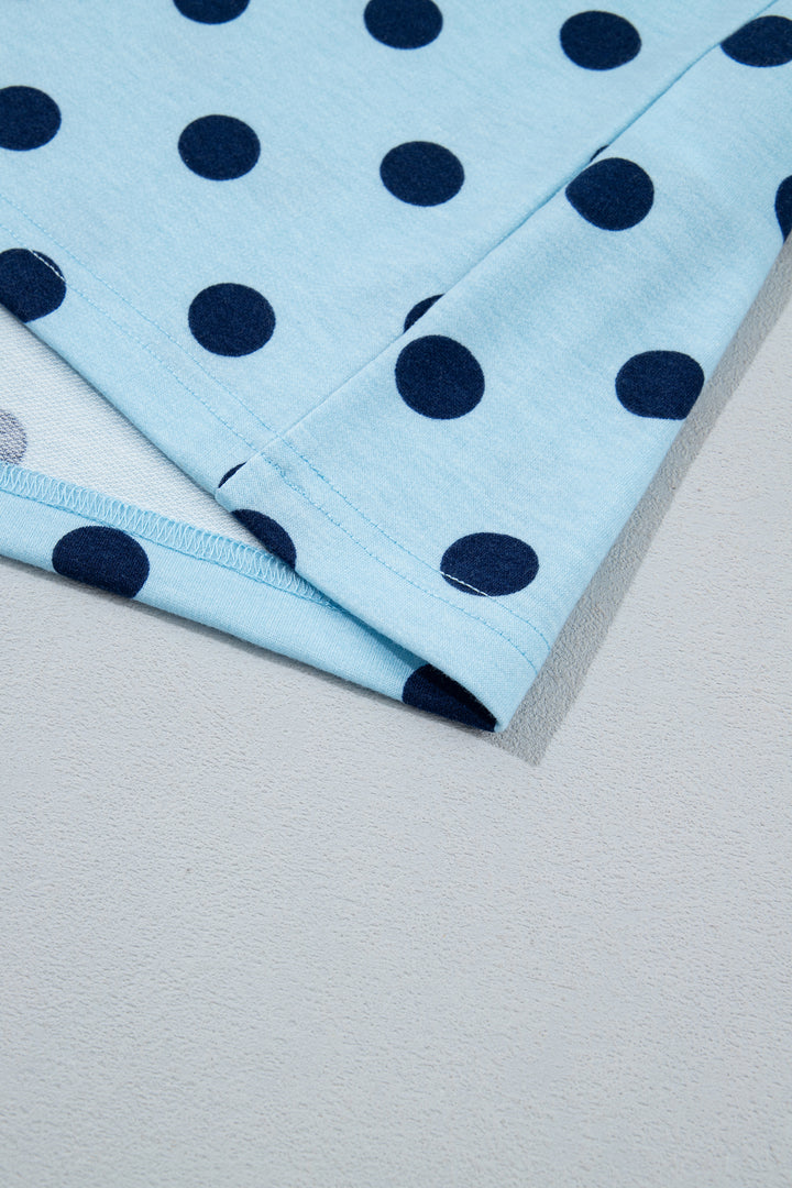 Sky Blue Polka Dot Drop Shoulder Polo Loose Pullover Patch Pocket Casual Shorts Set
