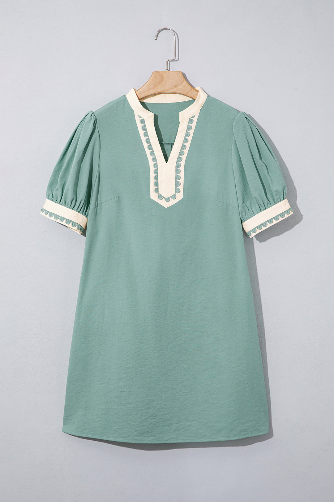 Canton Scallop Color Block Trim Puff Sleeve Mini Dress