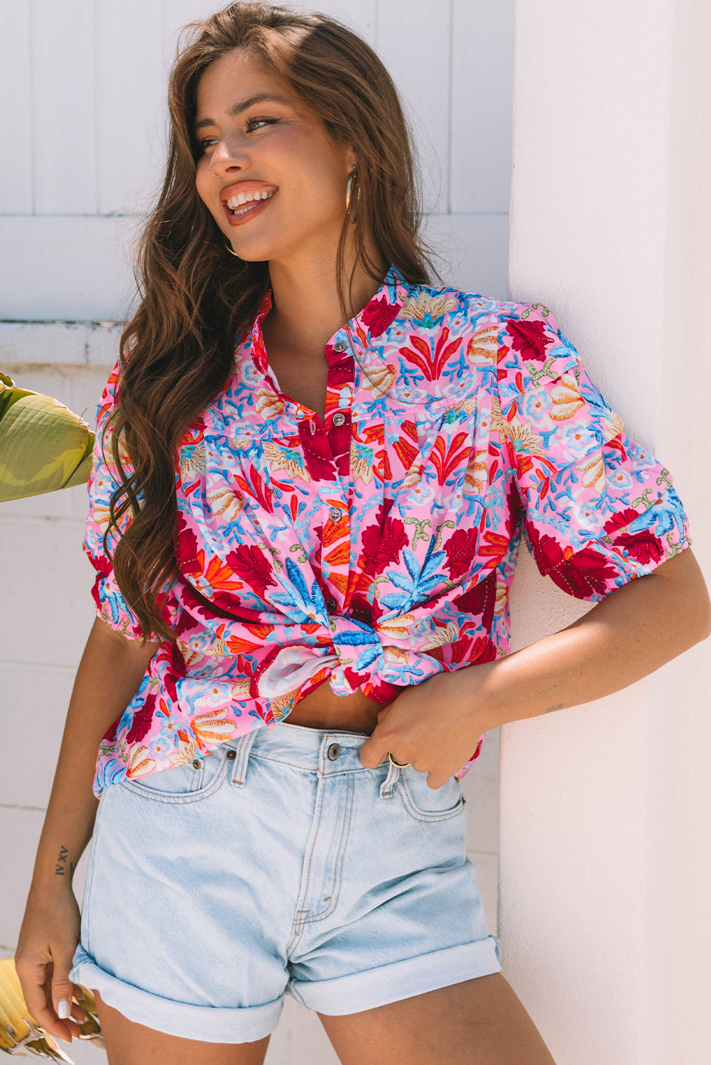 Floral Print Bubble Sleeve Button Up Pleated Shirt