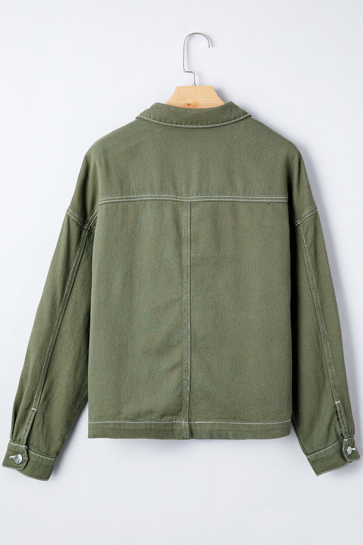 Patched Pocket Collared Button Front Boyfriend Denim Jacket