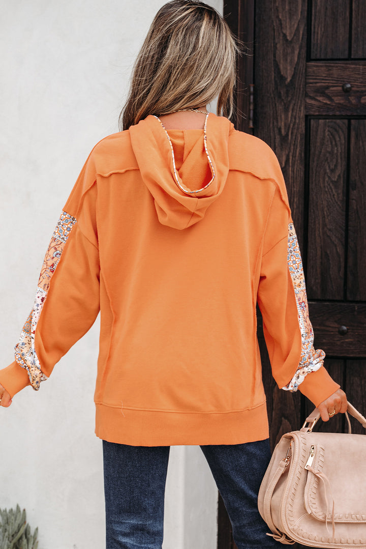 Mix Floral Patchwork Side Slit Drawstring Hoodie