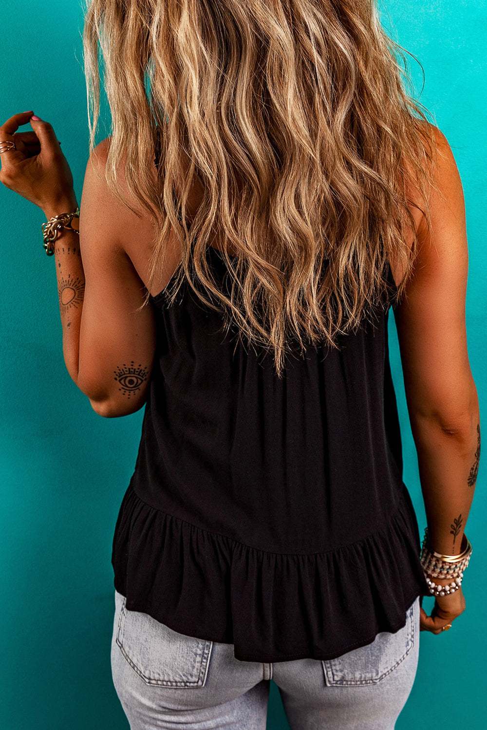 Floral Embroidery Ruffled Spaghetti Straps Tank Top