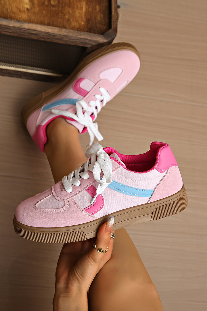 Color Block PU Leather Patchwork Lace Up Flat Shoes
