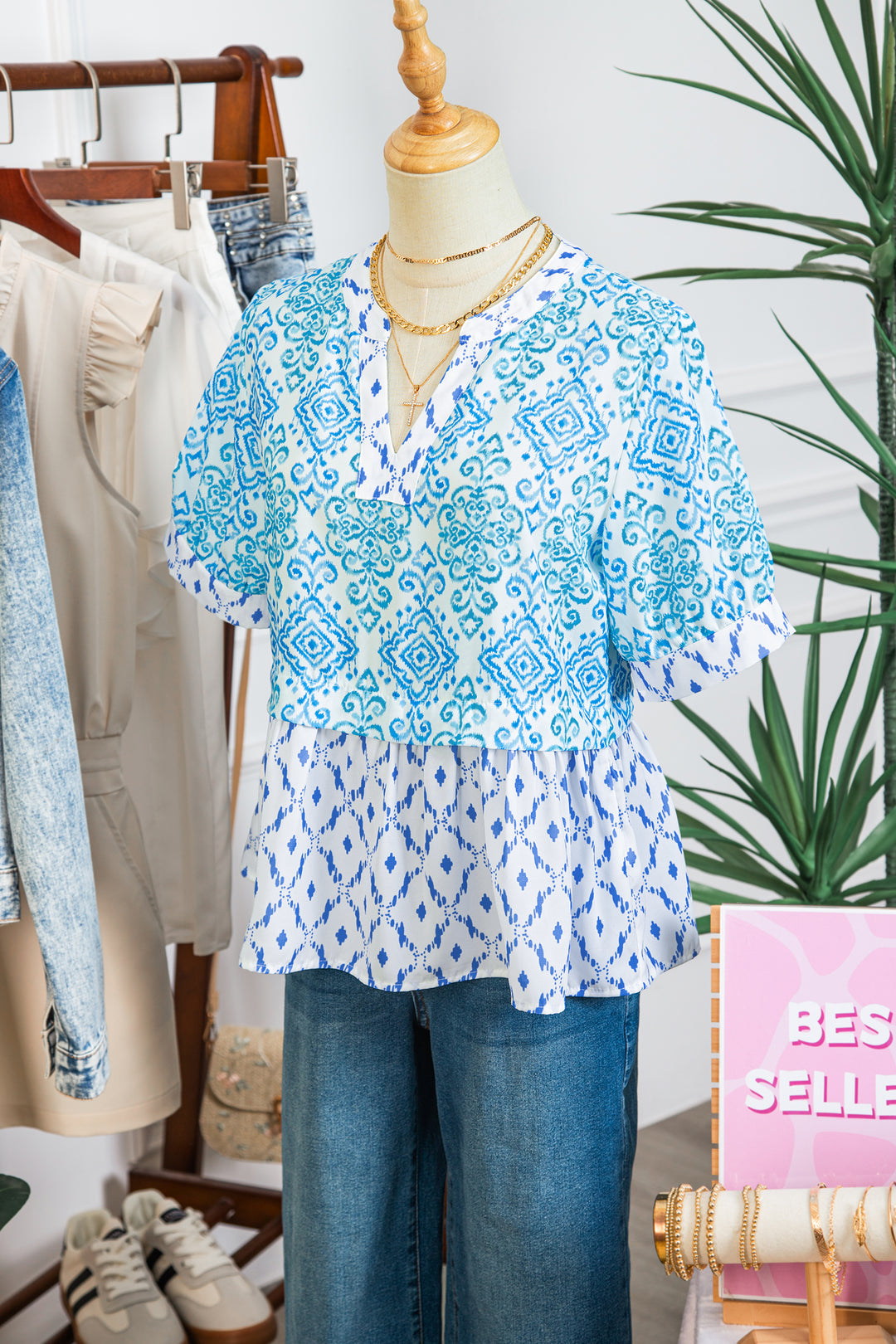 Sky Blue Boho Floral Geometric Patchwork Short Puff Sleeve Babydoll Blouse