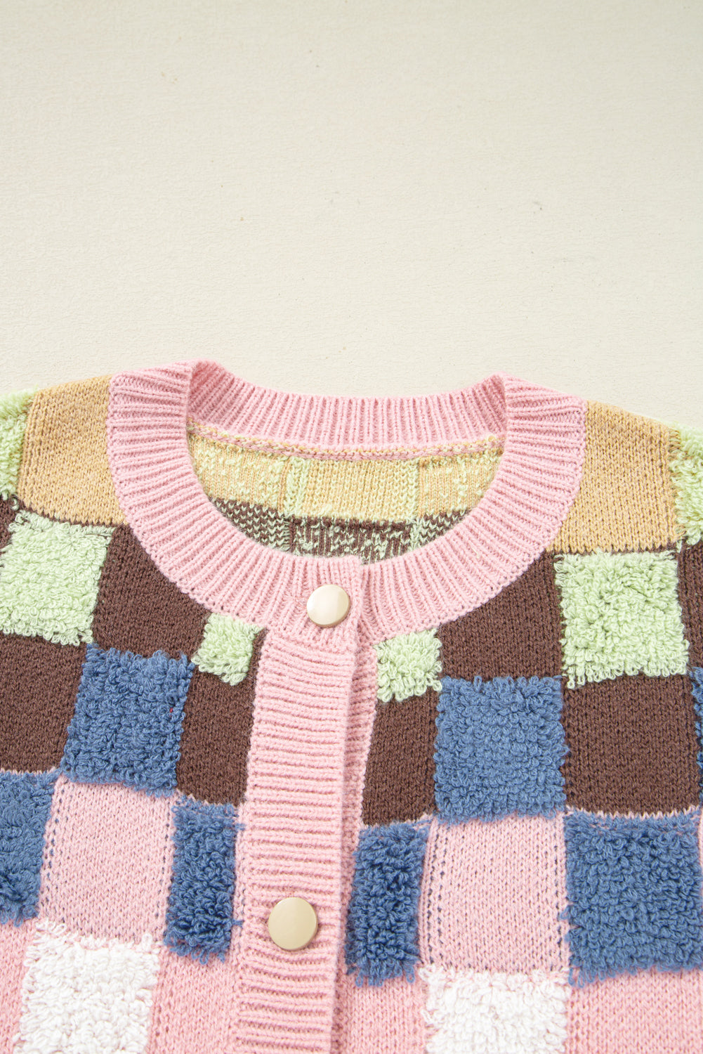 Plush Checkered Pattern Button Front Cardigan Sweater