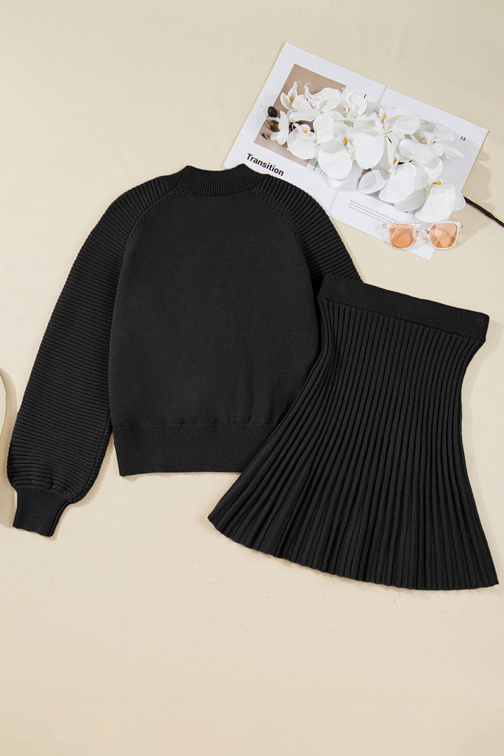 Black High Neck Sweater Pleated Mini Skirt 2pcs Knitted Outfit