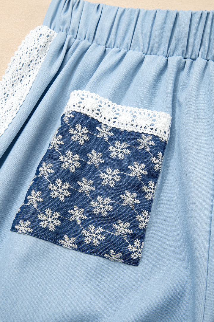 Beau Blue Lace Accent Floral Patched Pocket Pleated Wide Leg Slouchy Pants