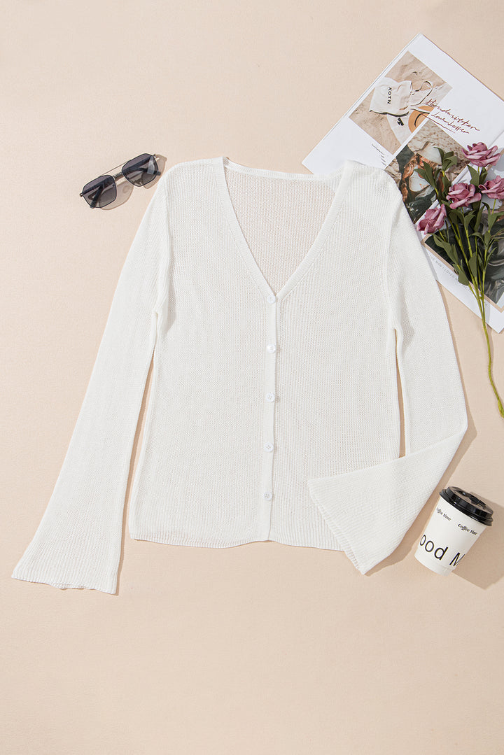 Lightweight V Neck Button Front Bell Sleeve Cardigan Sweater