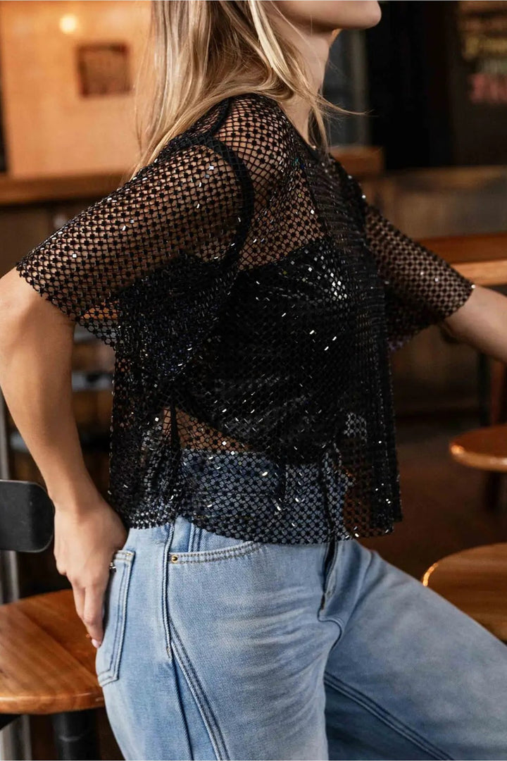 Black Rhinestone Mesh Round Neck Raw Hem T Shirt