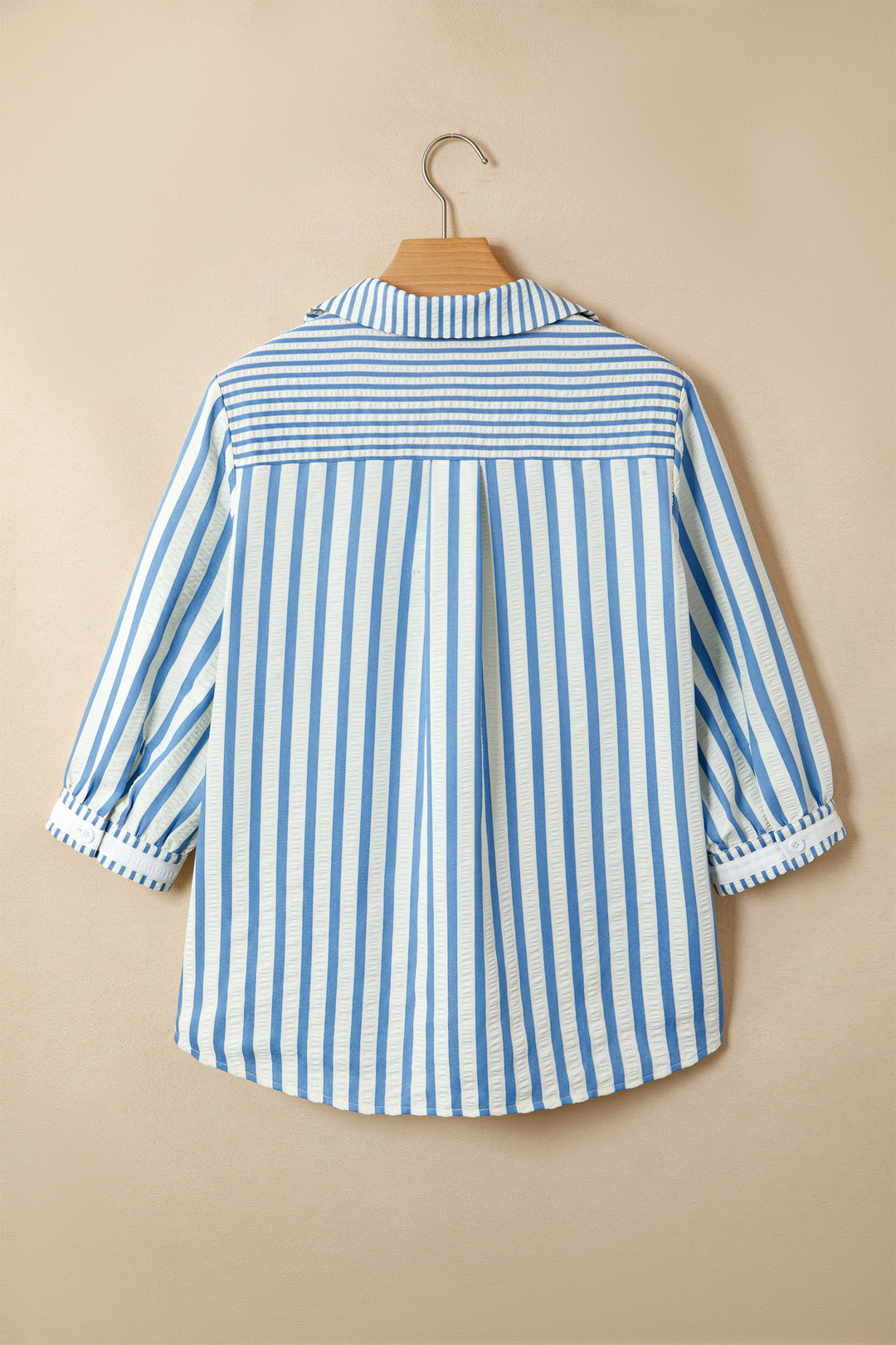 Sky Blue Stripe 3/4 Sleeve Collared Neck Blouse
