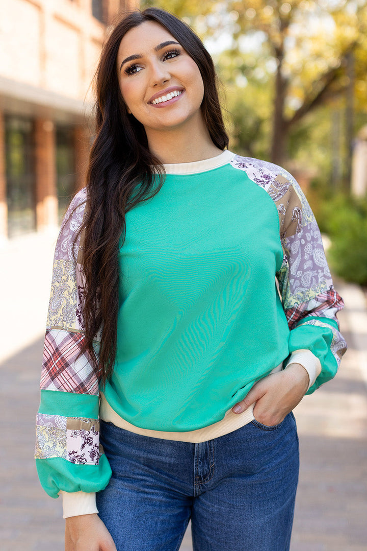 Plaid Vintage Paisley Patchwork Long Sleeve Raglan Top