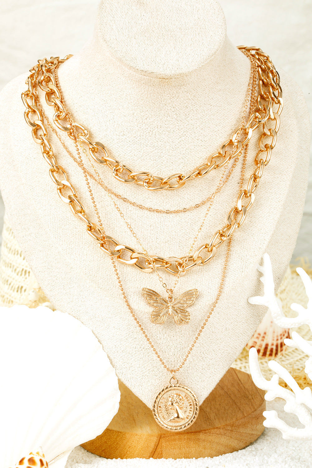 Plated Alloy Multilayer Butterfly Charm Necklace