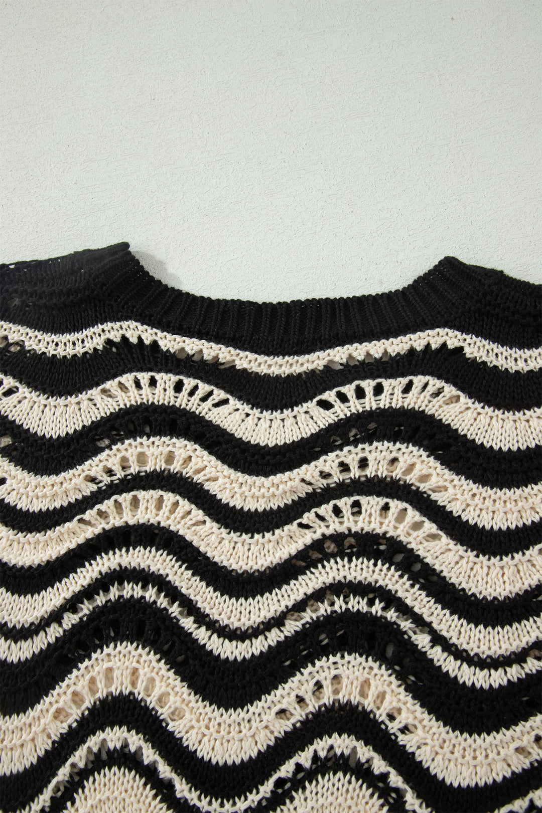 Black Stripe Wavy Crochet Eyelet Detail Ruffle Half Sleeve Sweater