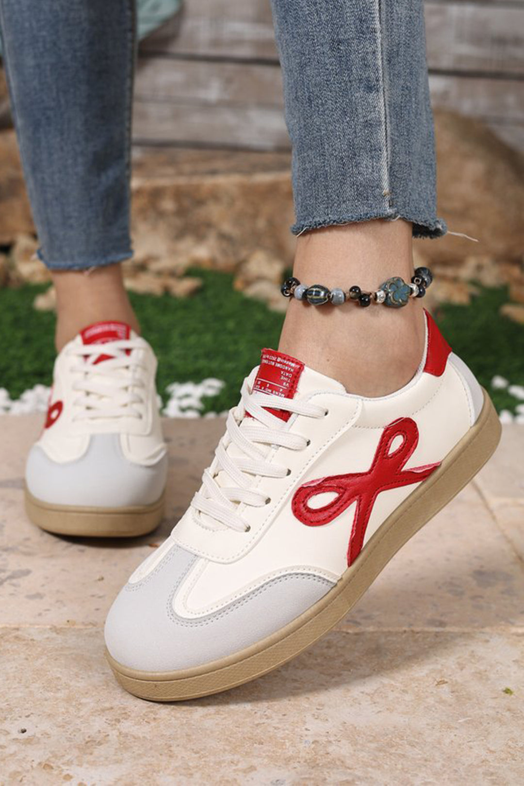 Cute Bow Patch Color Block PU Leather Sneakers