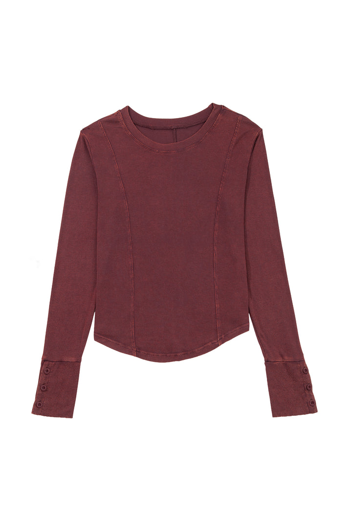 Burgundy Exposed Seam Ribbed Long Sleeve Top