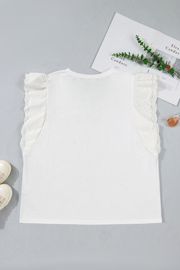 White Eyelet Crochet Splicing Short Sleeve Plus Size Tee