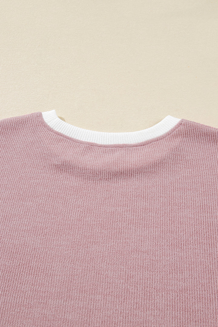 Light Pink Contrast Trim Knitted Drop Shoulder Plus Size Top
