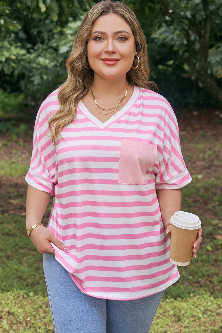 Pink Stripe Patched Pocket V Neck Plus Size Tee