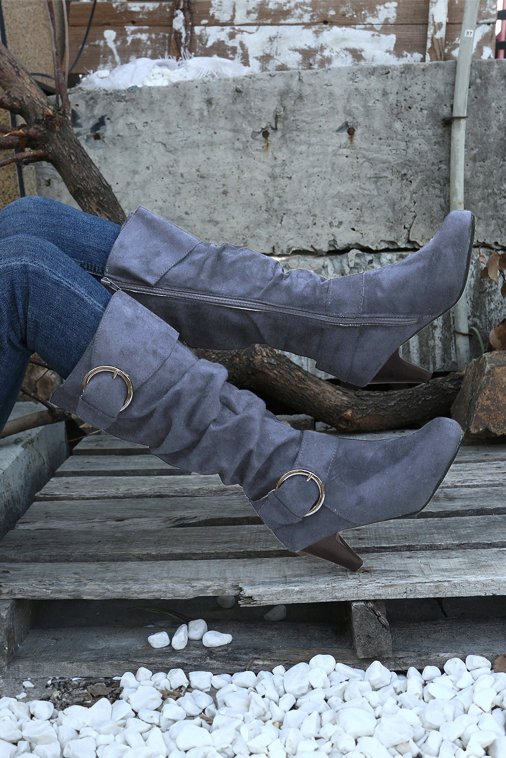 Dual Buckle Strap Side Zip Heeled Mid Calf Boots