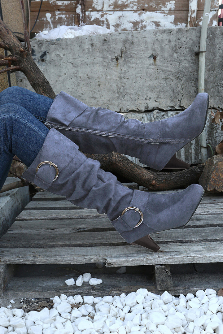 Dual Buckle Strap Side Zip Heeled Mid Calf Boots