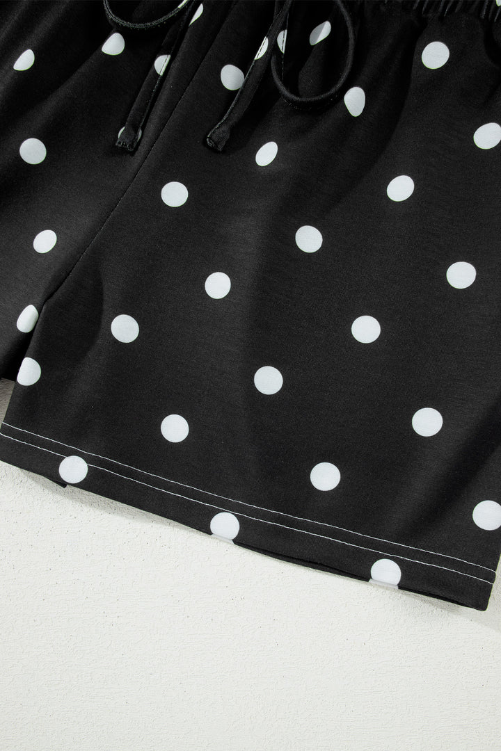 Black Polka Dot Short Sleeve Loose Top Drawstring Shorts Set