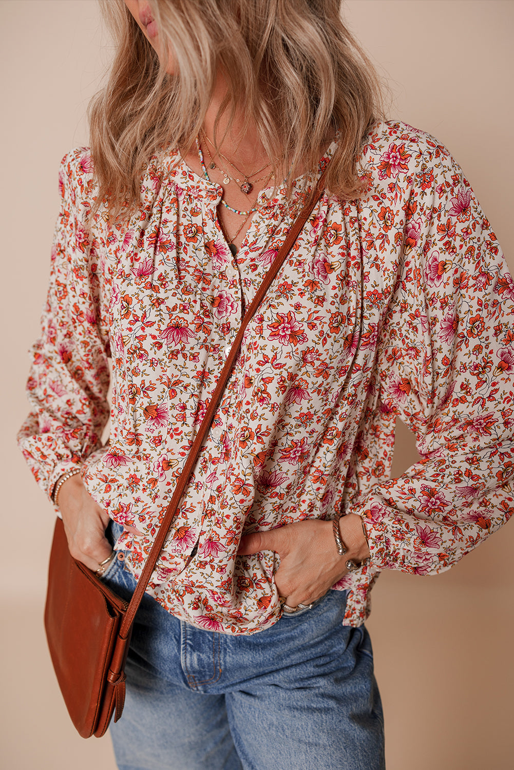 Floral Print Pleated Detail Notched Neck Puff Sleeve Blouse