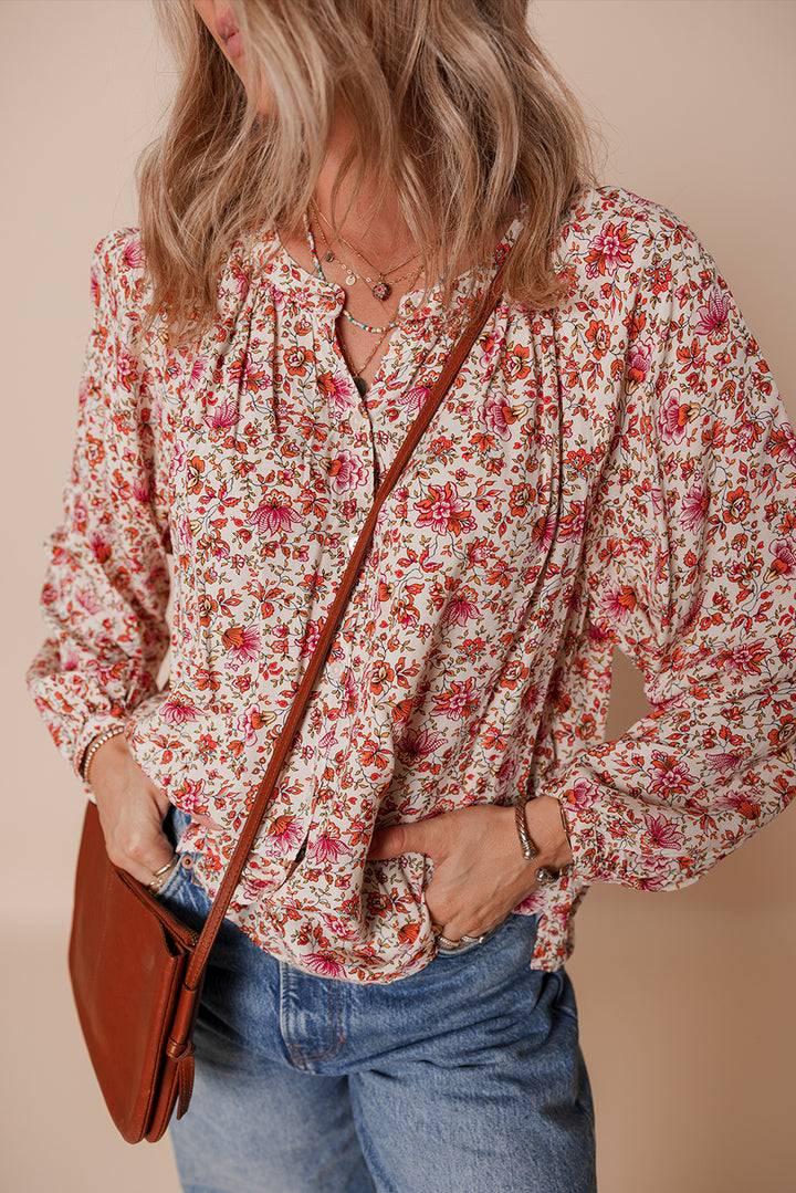 Floral Print Pleated Detail Notched Neck Puff Sleeve Blouse