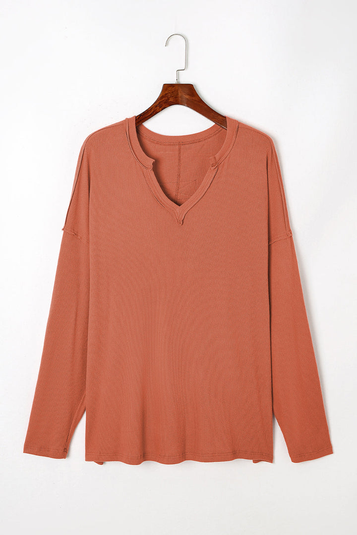 Plus Size Exposed Seam V Neck Long Sleeve Top