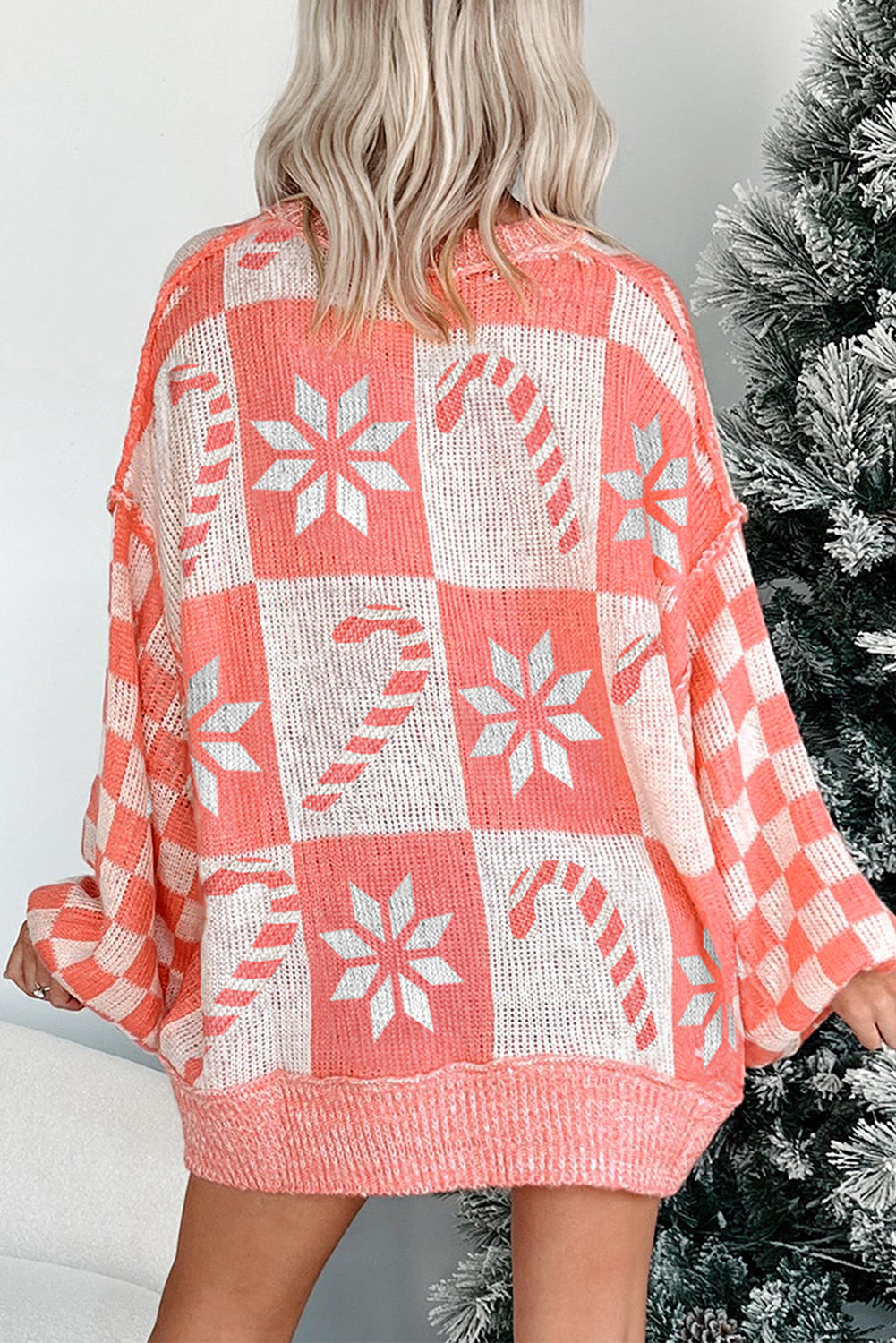 Candycane Snowflake Checker Christmas Holiday Drop Shoulder Tunic Loose Sweater