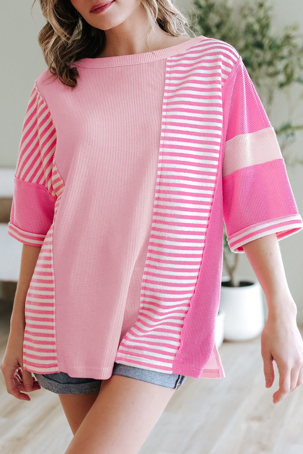 Color Block Patchwork Loose Half Sleeve T Shirt