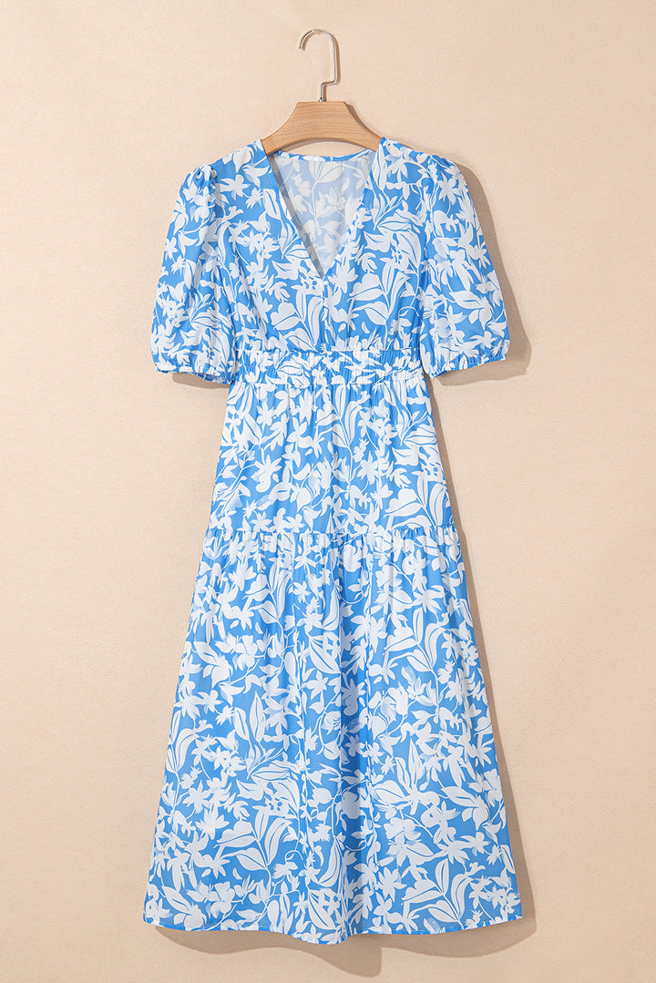 floral v neck puff short sleeve flowy long dress
