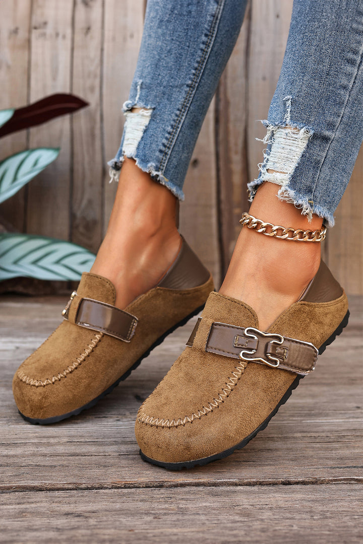 Faux Suede PU Leather Patchwork Retro Buckle Slip On Shoes