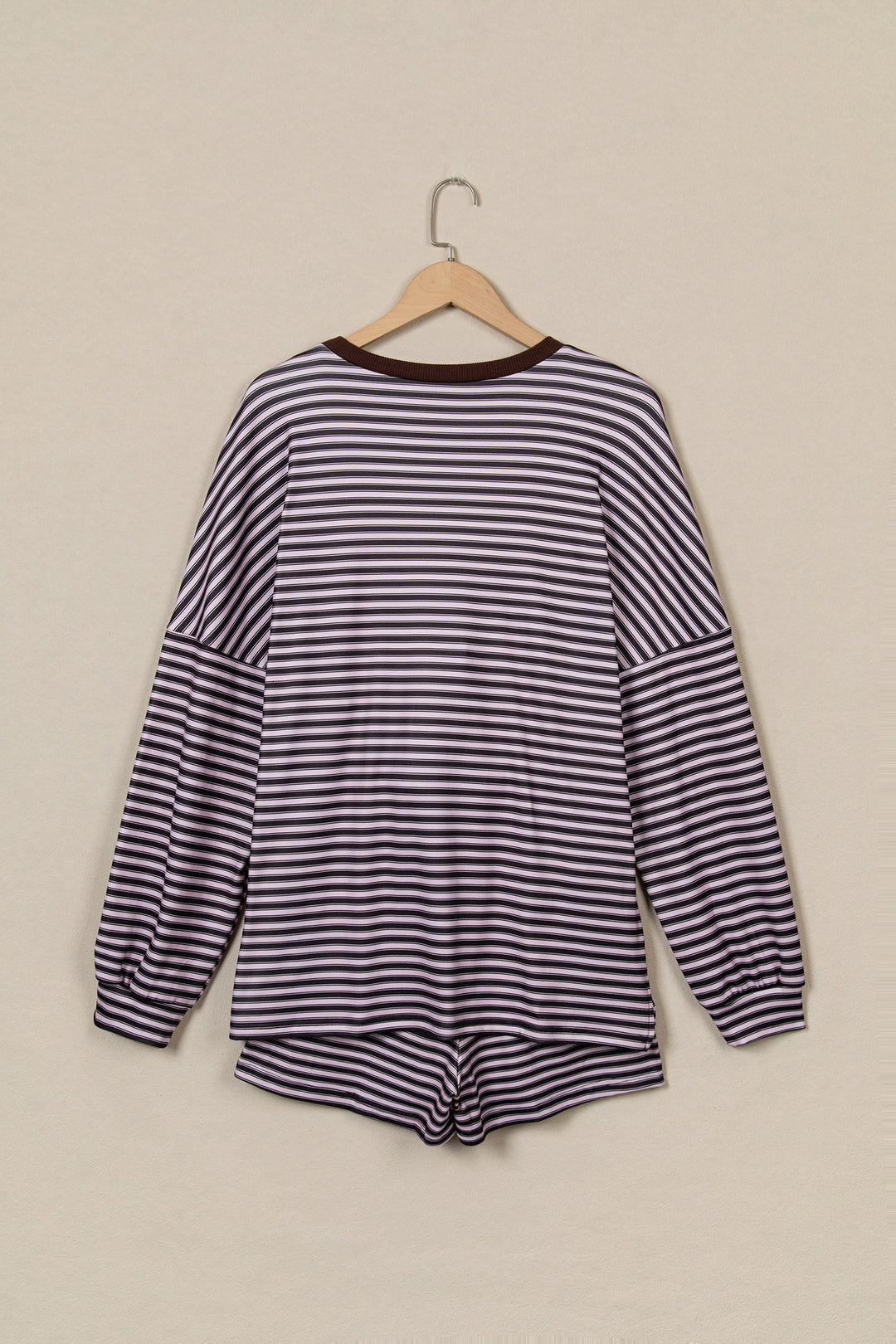 Brown Stripe Long Sleeve Oversized Top Pocketed Casual Shorts Two Piece Set