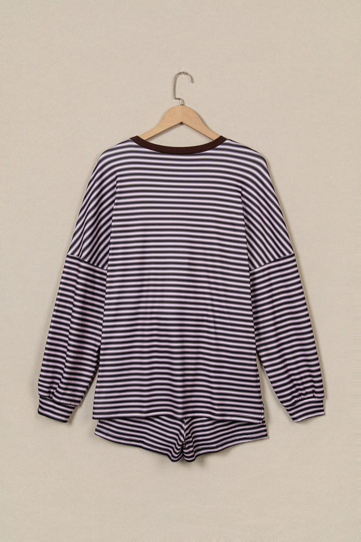 Brown Stripe Long Sleeve Oversized Top Pocketed Casual Shorts Two Piece Set