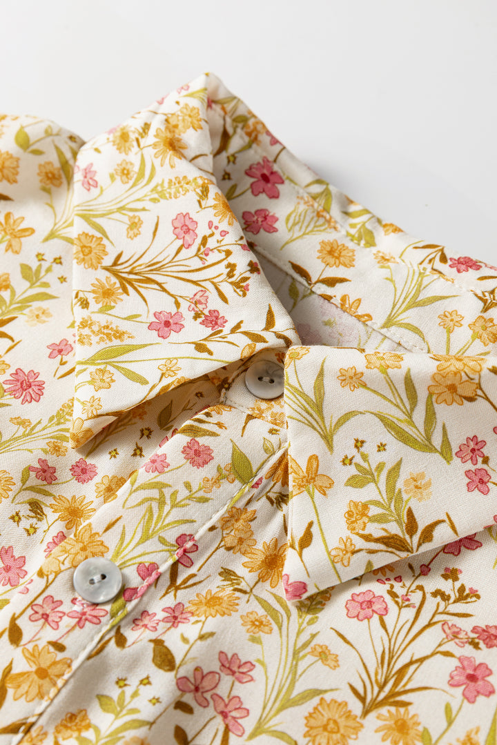 Floral Print Frilly Trim Smocked Cuff Long Sleeve Loose Shirt Dress