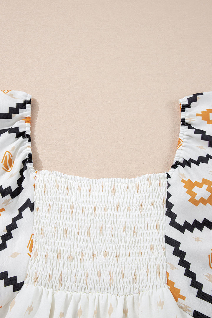 Western Aztec Print Pleated Square Neck Loose Mini Dress