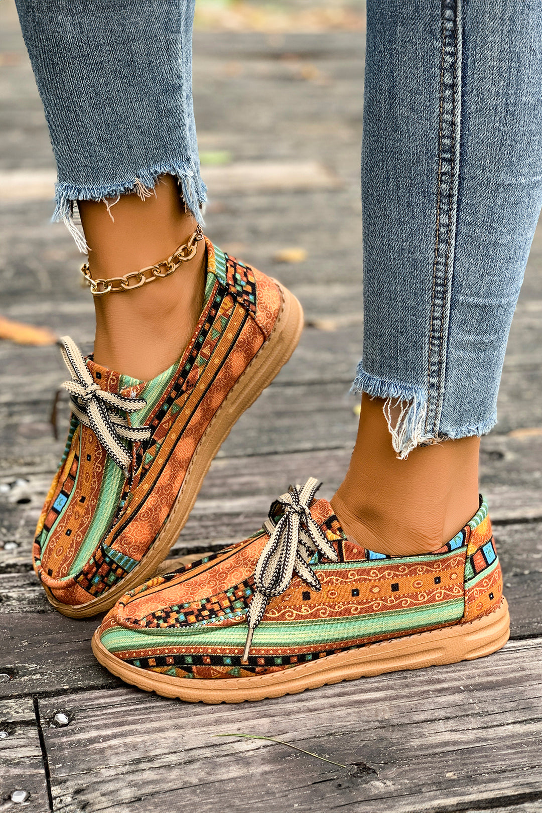 Ethnic Artistic Print Lace-up Detail Comfort Loafer Shoes