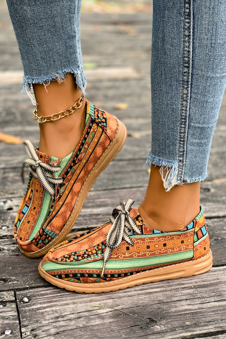 Ethnic Artistic Print Lace-up Detail Comfort Loafer Shoes
