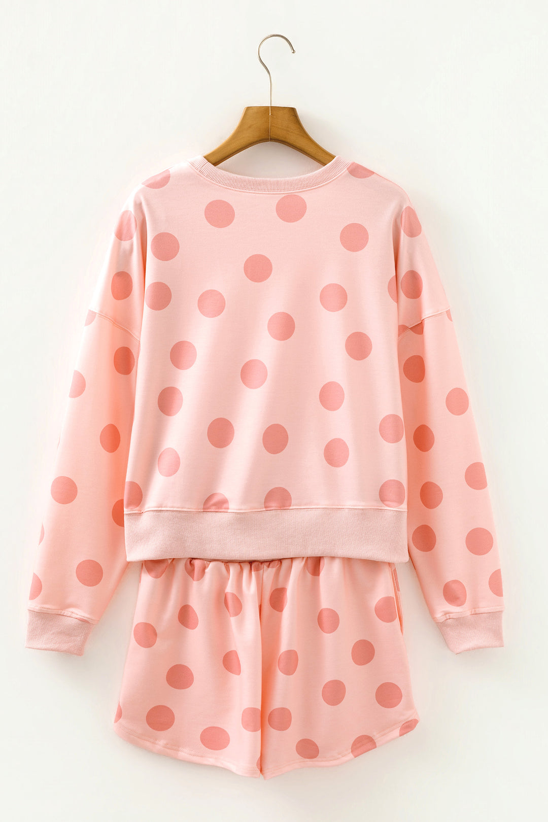 Pink Polka Dot Print Drop Shoulder Pullover Drawstring Shorts Set