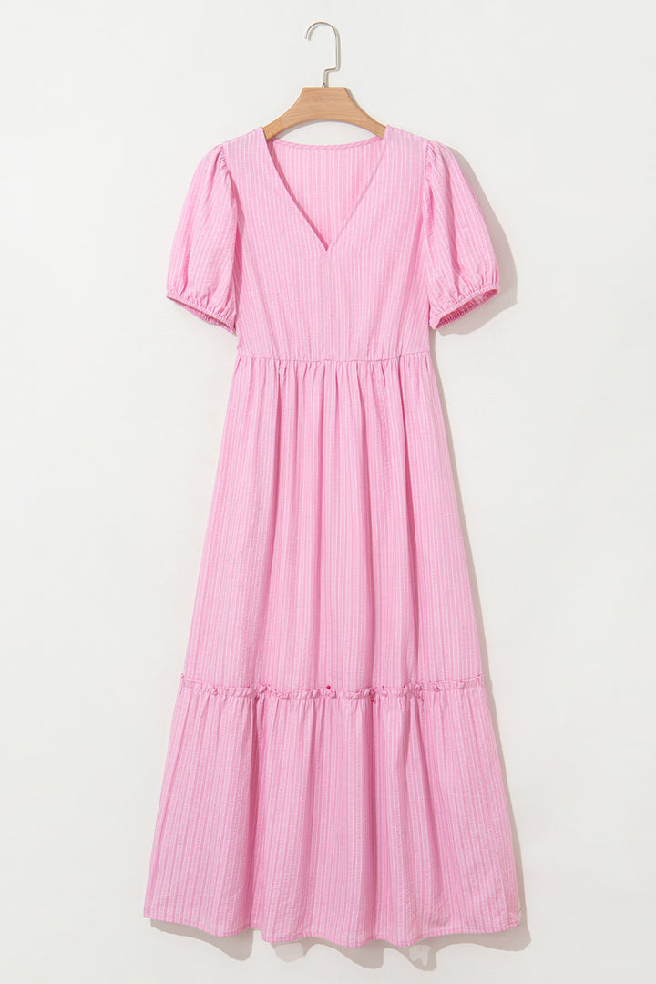V Neck Puff Short Sleeve Maxi Dress