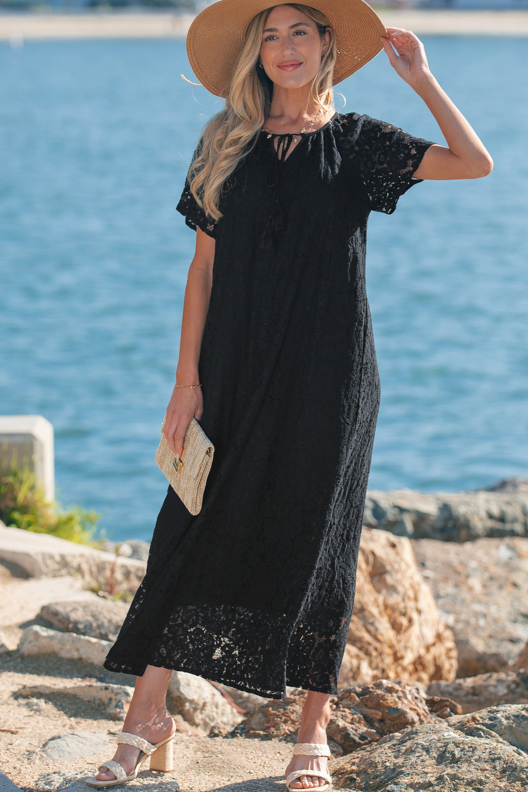 Floral Lace Overlay Tassel Tie Short Sleeve Beach Vacation Loose Maxi Dress